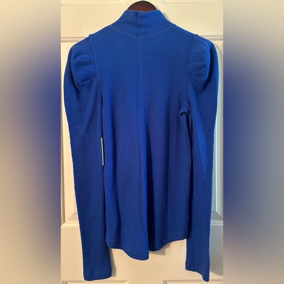 FREE PEOPLE Medium Tattooed Heart Puff Sleeve Mock Neck Royal Blue Cotton Rich - Picture 10 of 10